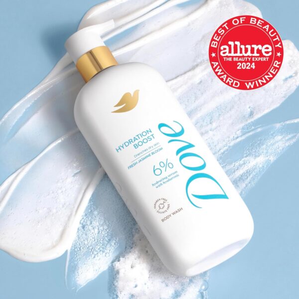 Dove Body Wash Hydration Boost Actively drenches dry skin 6% hydration serum with hyaluronic